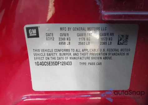 2013 Buick Lacrosse Leather Group из США, поврежденный, VIN 1G4GC5E35DF128433